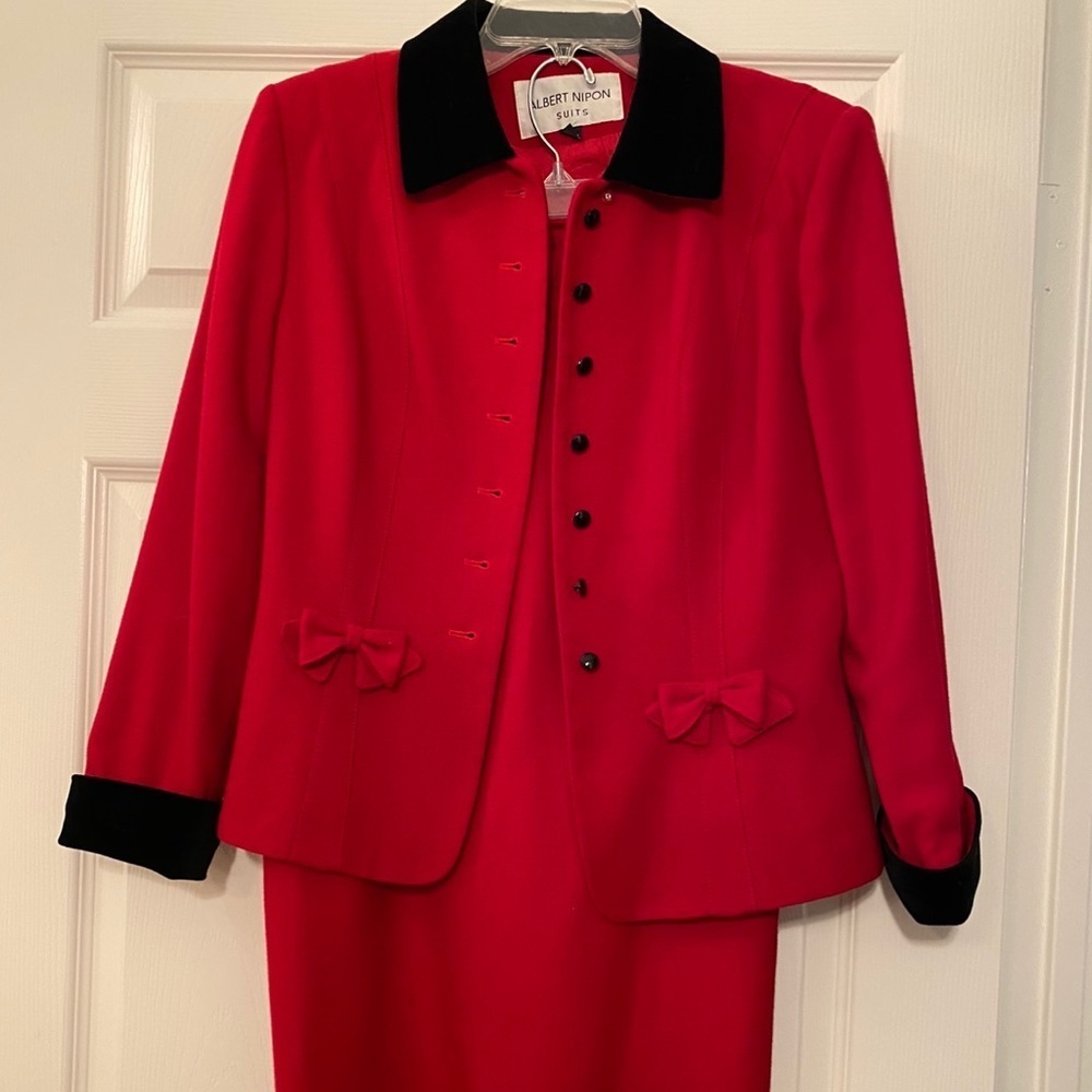 Albert Nipon red wool suit black velvet accent